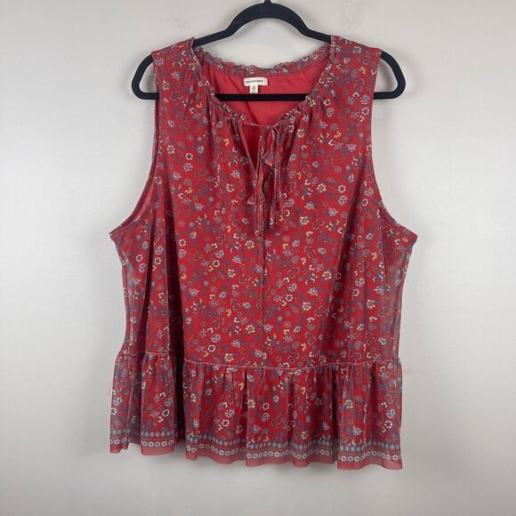 Max Studio Top Women's 2X Red Floral Ditsy Ruffle Neck Tie-Neck Blouse Cottage - Picture 1 of 8